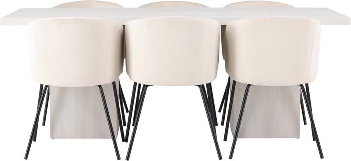Olga eethoek tafel wit en 6 berit stoelen beige.