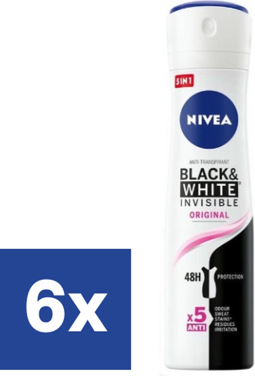 NIVEA Invisible For Black & White Clear Anti-Transpirant Deodorant Spray - Original - Geen witte of gele vlekken - 48 uur bescherming - Antibacterieel - 6 x 150 ml - NIVEA