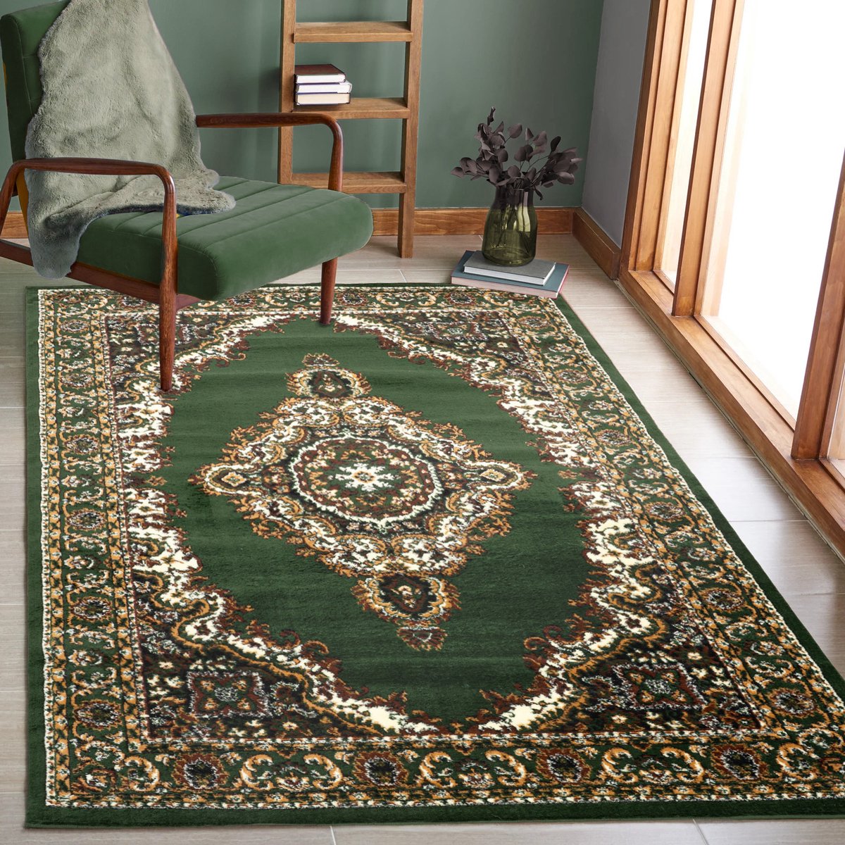 Flycarpets Klassiek Groen Vloerkleed Skazar - Oosters motief - Perzisch Tapijt - Woonkamer - 160x230 cm