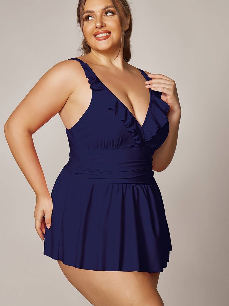 Elegante tankini set - Plus size effen kleur ruches aan de hals badpak - 2 delige tankini dames badmode - zwempal bikini strandkleding 002 - Navy — afbeelding 2