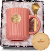 Zus Cadeau, Cadeaus voor Zus Verjaardagscadeau, 400 ml Roze Zus Beker 3D Medaille Verticale Strepen Keramische Koffiebeker met Onderzetter Hout, Lepel, Geschenkdoos