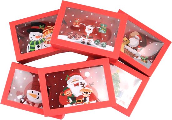 Foto: 6 x kerstdozen set 6 verschillende patronen rood kraftpapier en transparant pvc kerst dozen 22x15x7 cm kerst cadeaudozen kerstverpakking