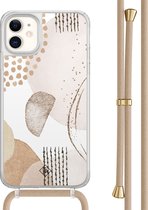 Casimoda® hoesje met beige koord - Geschikt voor iPhone 11 - Abstract Shapes - Afneembaar koord - TPU/acryl - Bruin/beige