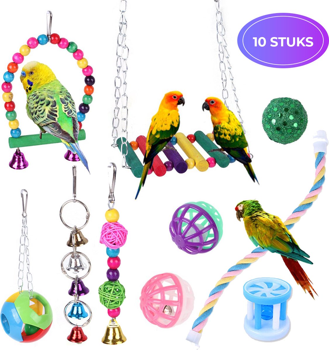 Vogelspeelgoed - 10 stuks - Pakket - Parkieten Speelgoed - Vogelkooi Decoratie - Vogelspeelgoed parkiet - Speeltjes