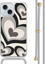 Casimoda® hoesje met grijs koord - Geschikt voor iPhone 15 - Hart Swirl Zwart - Afneembaar koord - TPU/acryl - Zwart
