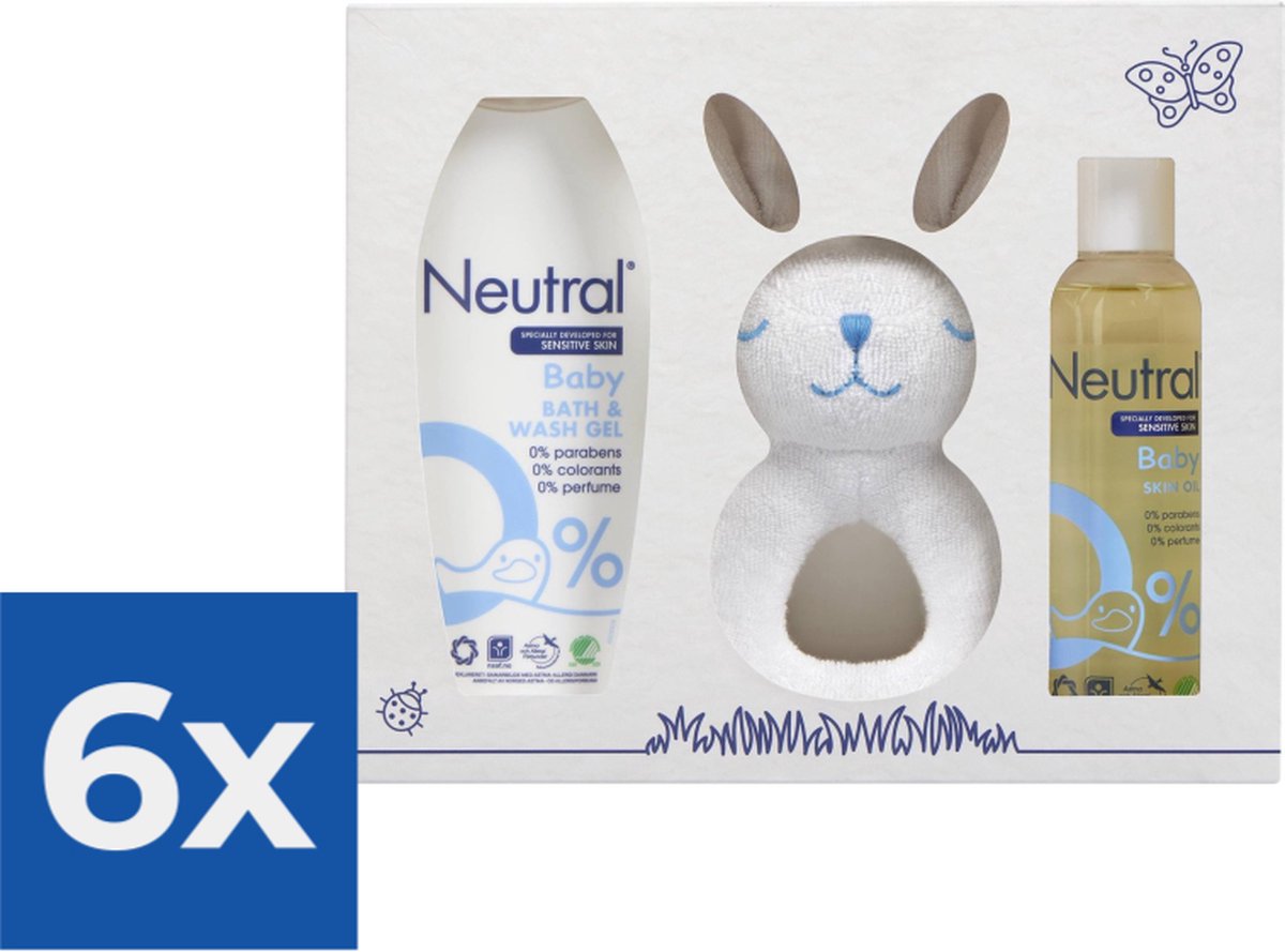 Goedkoopste Neutral Cadeaupakket 3-delig - Huidolie. Bad- en Wasgel en Jollein Rammelaar Cadeaupakket - Voordeelverpakking 6 stuks
