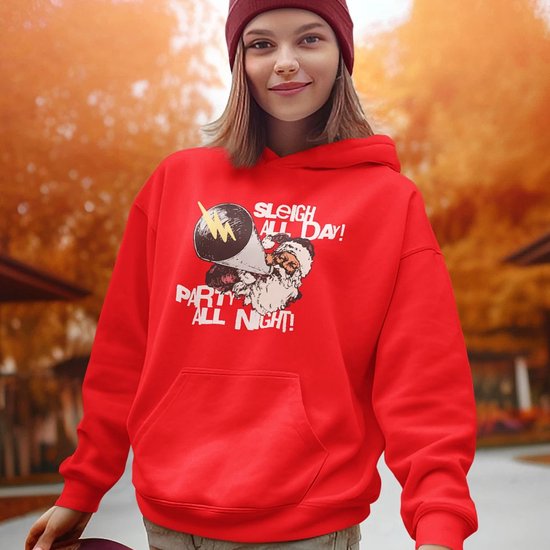 Lekker Waus Foute Noël Sweat à capuche Rouge – Traîneau All Day Party All Night – Taille 3XL – Tenue de Noël pour femme et homme