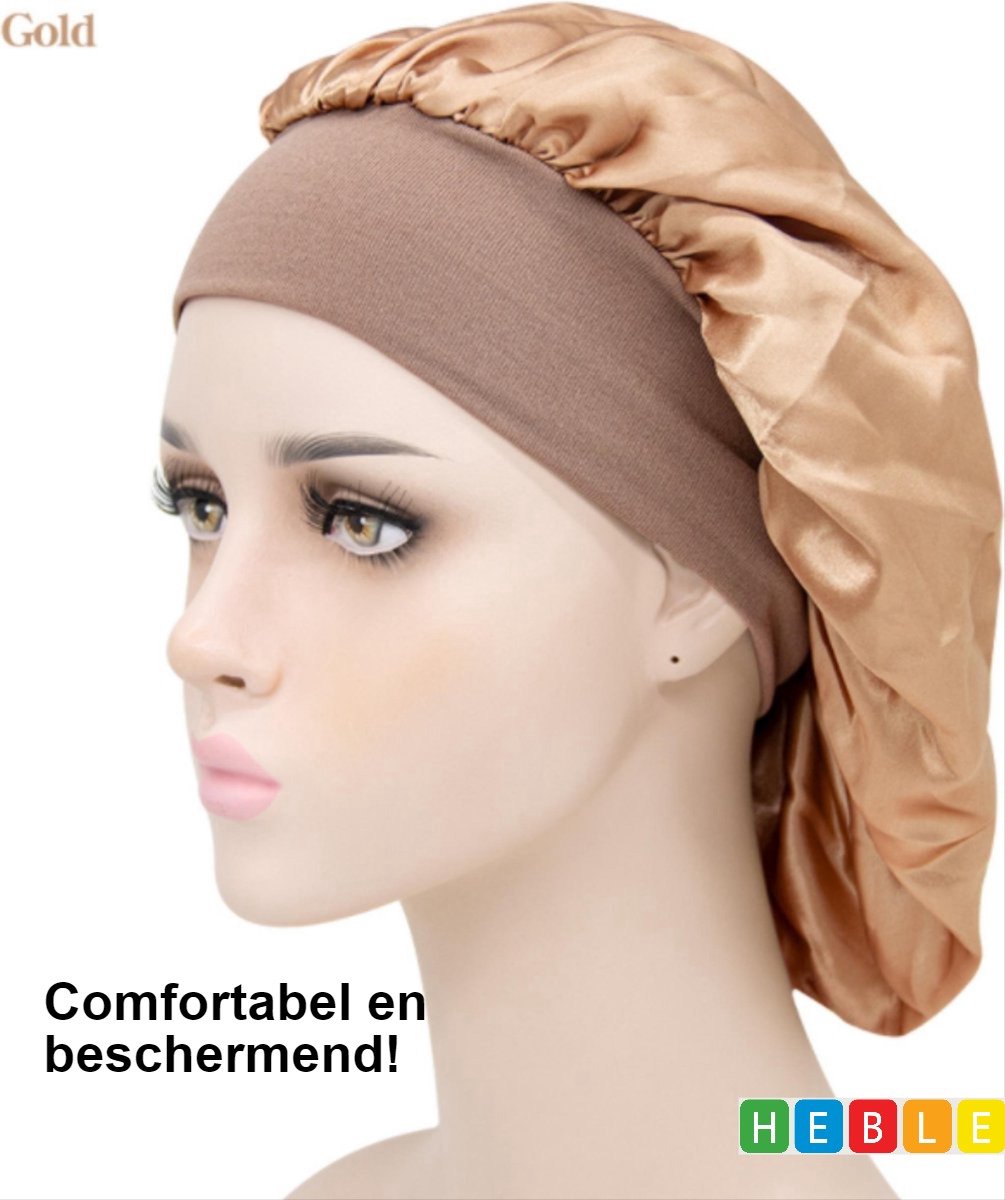 *** Slaapmuts Satijn Goud - Elastisch Beschermend Haar - Breede Band - Haarverzorging - van Heble® ***