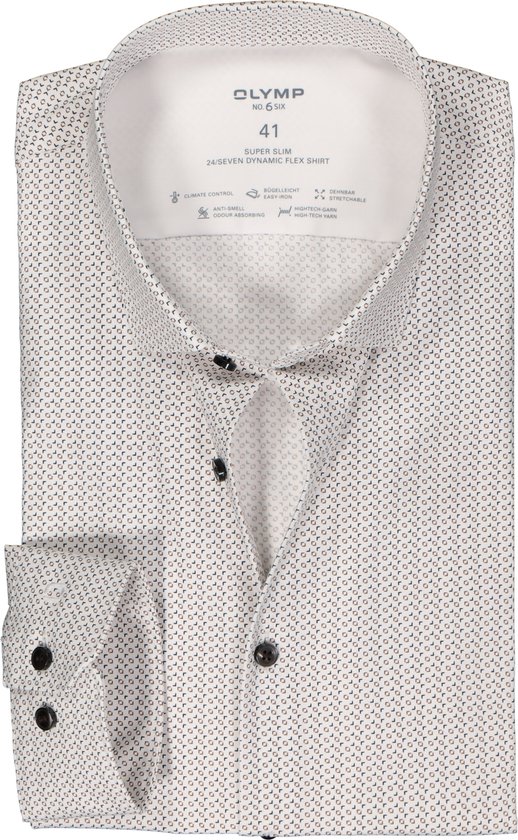 OLYMP 24/7 No. 6 Six super slim fit overhemd - popeline - wit met blauw en bruin dessin - Strijkvriendelijk - Boordmaat: 40