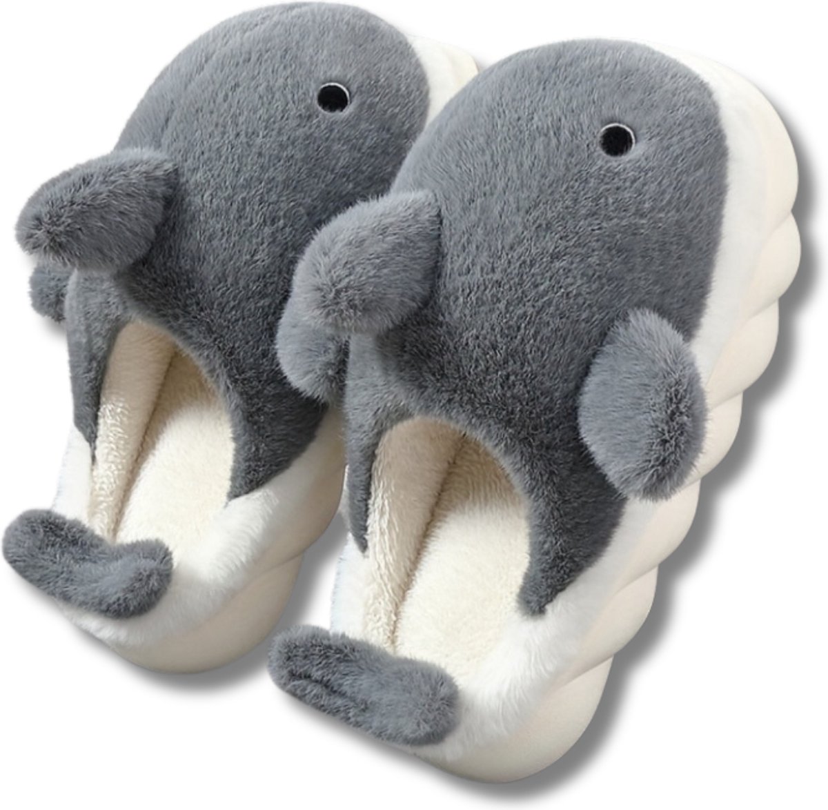 Livano Pantoffels - Sloffen - Slippers - Warme Pantoffels - Dames - Heren - Pluche - Maat 41 en 42 - Haai - Licht Grijs