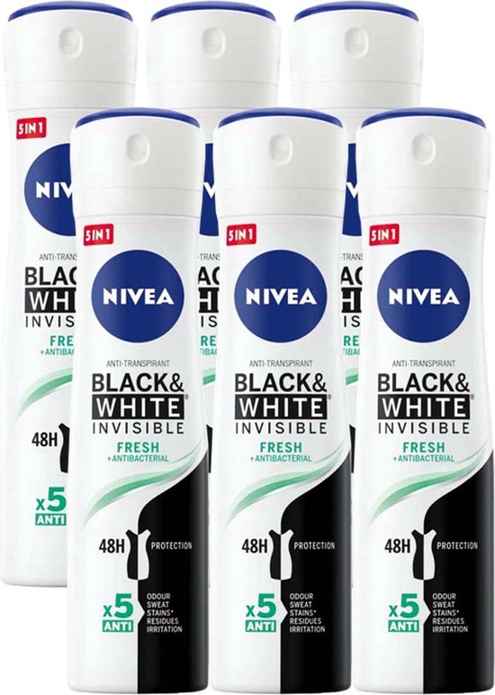 NIVEA Invisible For Black & White Fresh - 6 x 150 ml - Voordeelverpakking - Deodorant Spray - NIVEA