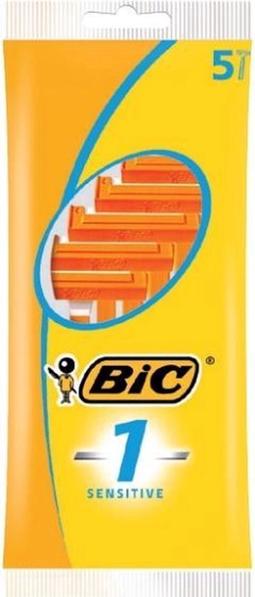Verpakking met 5 BIC 1 Sensitive wegwerpscheermesjes. Oranje handvatten en mesjes.
