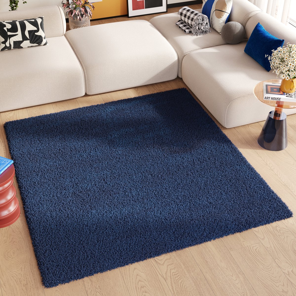 Tapiso Essence Square Vloerkleed Blauw Donker Modern Hoogpolig Tapijt Maat- 200x200
