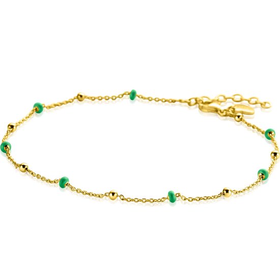 ZINZI bracelet de cheville fantaisie en argent plaqué or avec 7 beignets verts et boules brillantes 23-27cm ZIE2509