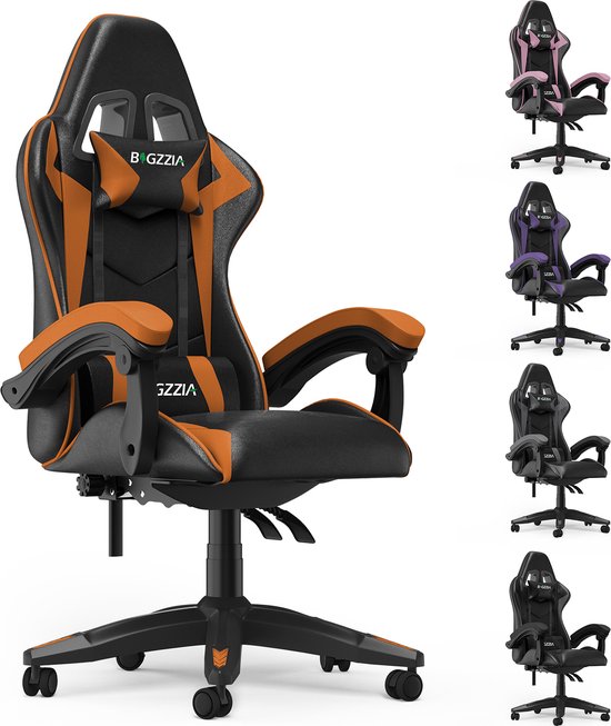Chaise gamer - Chaise gaming ergonomique - Chaise gamer avec appui-tête et coussin lombaire - Inclinaison 90°-155° - orange