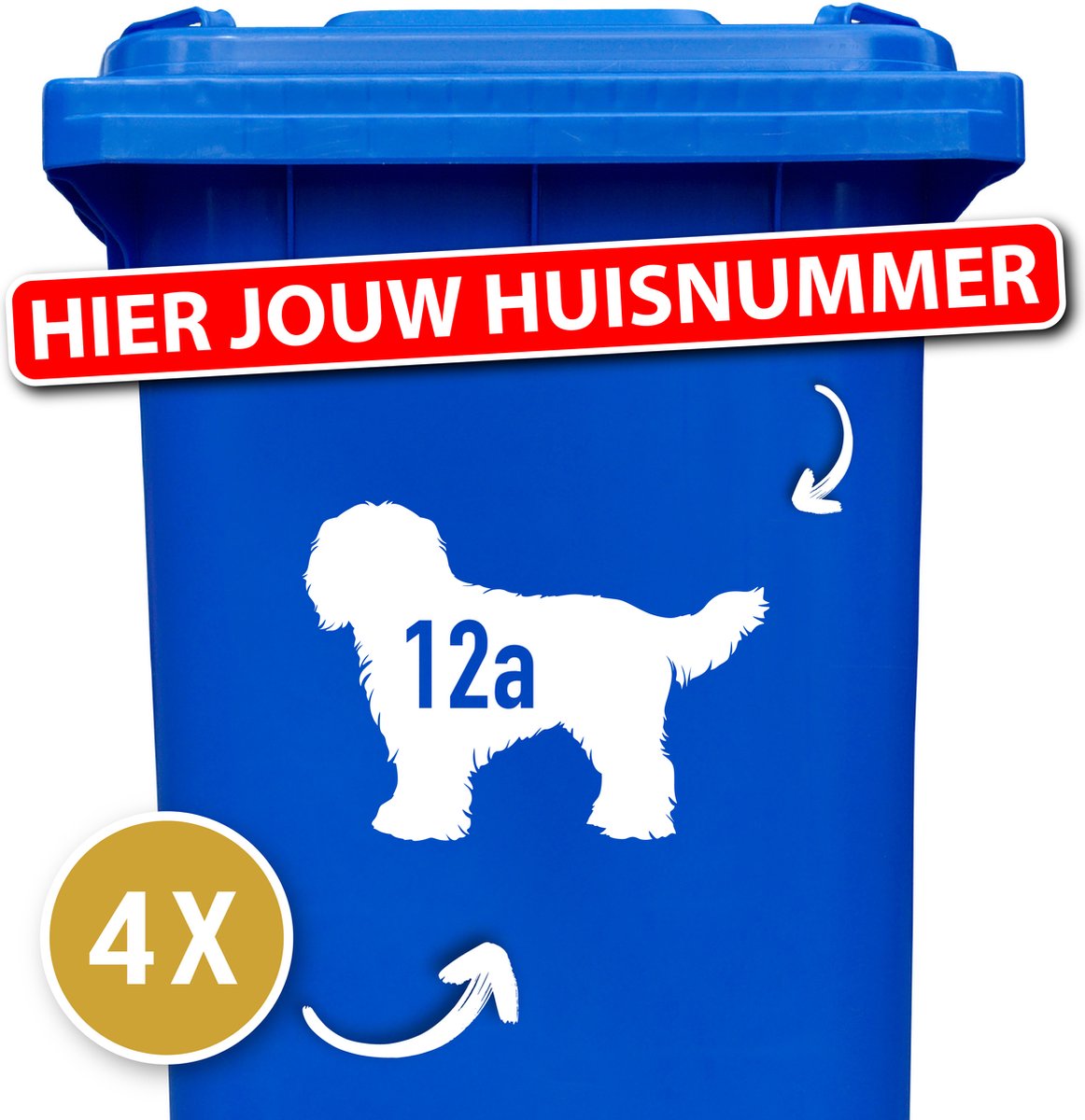 Container sticker - klikostickers - kliko sticker voordeelset - 4 stuks - Schapendoes - container sticker huisnummer - wit - vuilnisbak stickers - container sticker hond - 12345678910- cadeau