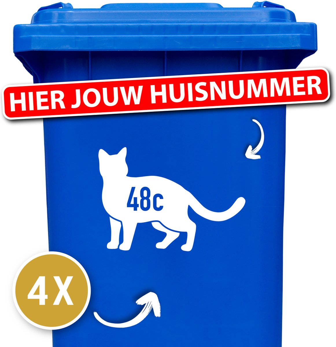Kliko sticker voordeelset - 4 stuks - Kat - 25 x 17,5 cm - container sticker huisnummer - wit - vuilnisbak stickers - container sticker kat - container sticker - klikostickers