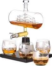 Oak & Steel - Whisky Decanter (Sail Ship, 1000ml) with Stainless Steel Faucet, and 4 Whisky Glasses (300ml) - Ideal Birthday and Christmas Gift for Men.
