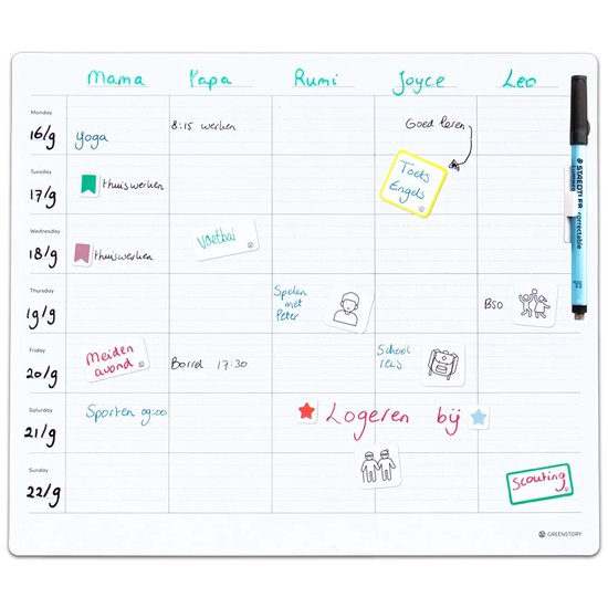 GreenStory - Familieplanner - Gezinsplanner - Groot - Sticky Whiteboard - met Sticky Pen