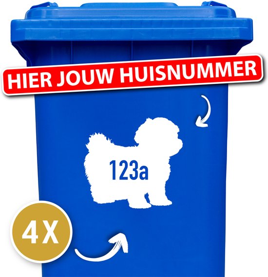 Container sticker - kliko sticker voordeelset - 4 stuks - Maltezer / Shih tzu - container sticker huisnummer - wit