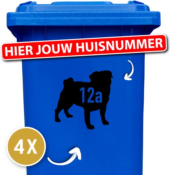 Container sticker hond - klikostickers - kliko sticker voordeelset - 4 stuks - Mopshond 2 - container sticker huisnummer - zwart - vuilnisbak stickers - container sticker hond