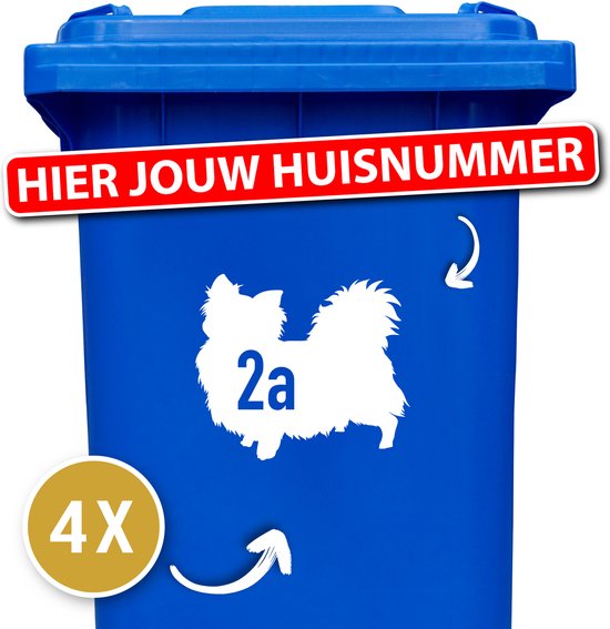 Blauwe vuilnisbak met witte sticker van een langharige Chihuahua en huisnummer 2a. Rode tekst: HIJ UW HUISNUMMER. Cirkel met 4X.