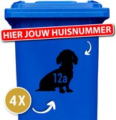 Container sticker - kliko sticker voordeelset - 4 stuks - Teckel zittend - container sticker huisnummer - zwart - vuilnisbak stickers