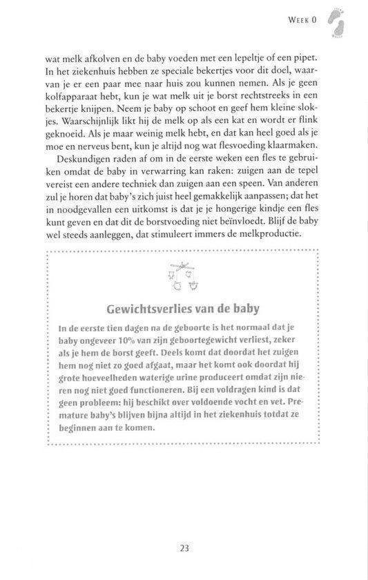 Pagina 23 uit 'Jouw Baby van Week tot Week' met tekst over gewichtsverlies van de baby.