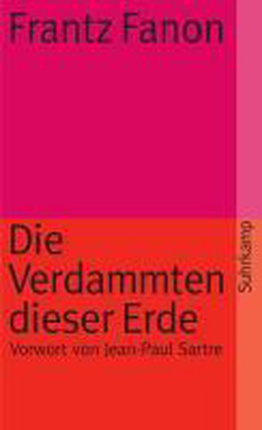 Boek "Die Verdammten dieser Erde" met rode en roze vlakken en witte tekst.