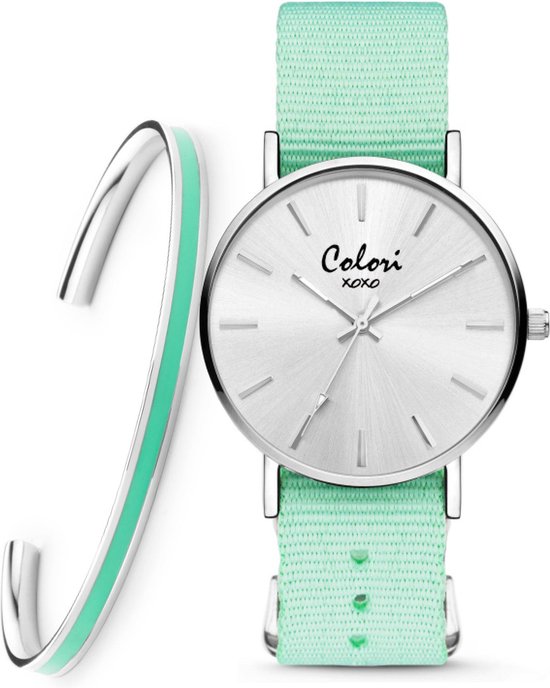 Colori XOXO 5 COL547 Horloge Geschenkset met Armband - Nato Band - Medium Groen - ø 36 mm