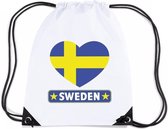 Zweden nylon rijgkoord rugzak/ sporttas wit met Zweedse vlag in hart