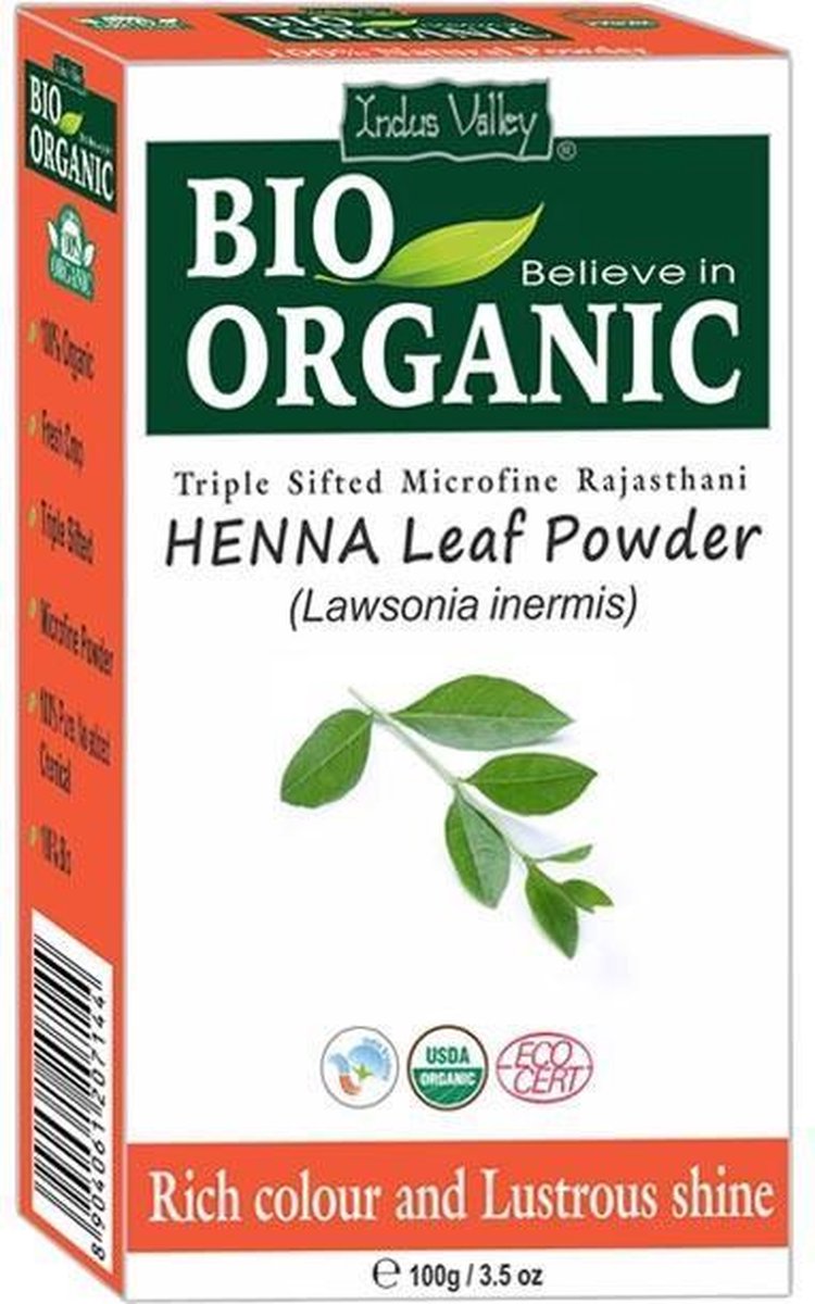 Indus Valley BIO ORGANIC HENNA PURE Rood 100% Natuurlijke Haarverf Zonder Ammoniak, Ammonia,  PPD, PTD, Peroxide, Waterstofperoxide etc. met o.a. ECOCERT 100g