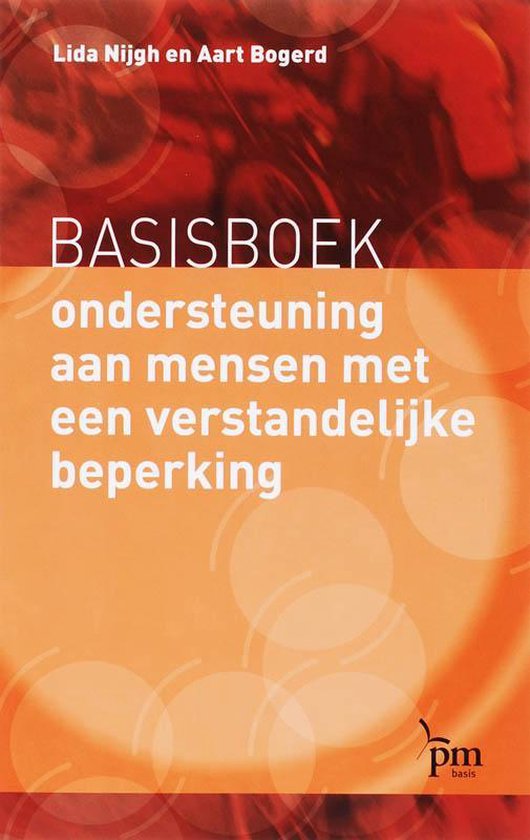 Boek met de titel BASISBOEK ondersteuning aan mensen met een verstandelijke beperking op een oranje achtergrond met cirkels.