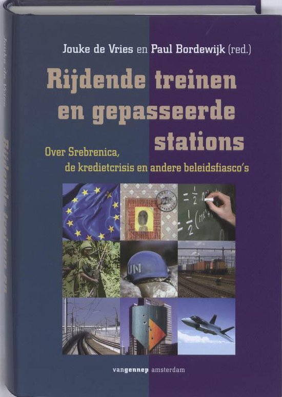 Omslag van een boek. Titel 'Rijdende treinen en gepasseerde stations'. Collage van negen afbeeldingen.