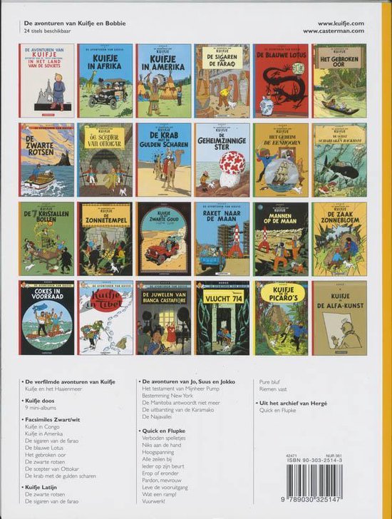 Boekomslag met een collage van 30 Kuifje-boeken, waaronder 'De schat van Scharlaken Rackham'.