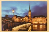 Canvas op houten frame - Vrouwenklooster kerk in Zurich met 8 led lampjes - Kerst