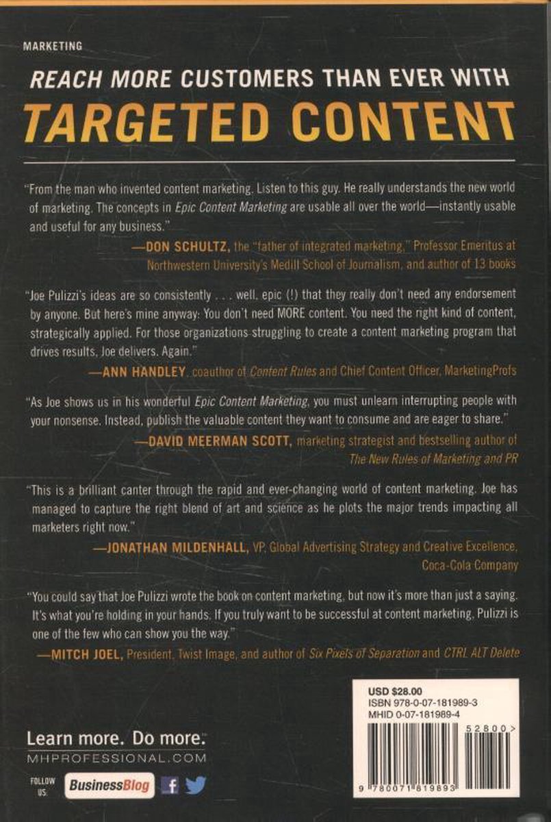 Livre intitulé 'Epic Content Marketing'. La couverture est jaune avec du texte noir. Une citation de Don Schultz figure sur la couverture.