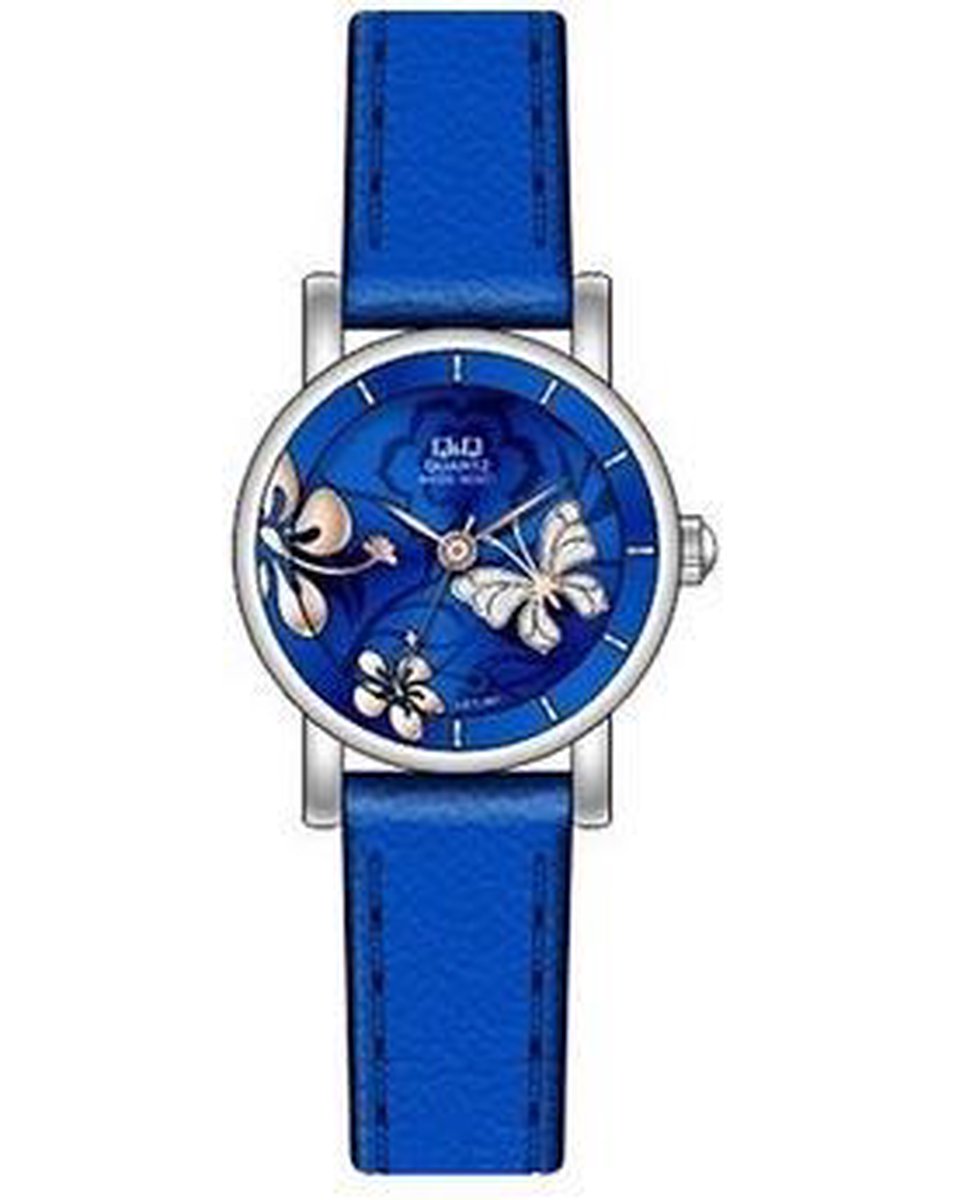 Mooi blauw horloge met zilverkleurig horlogekast en rozé vlinders. GU77J801Y