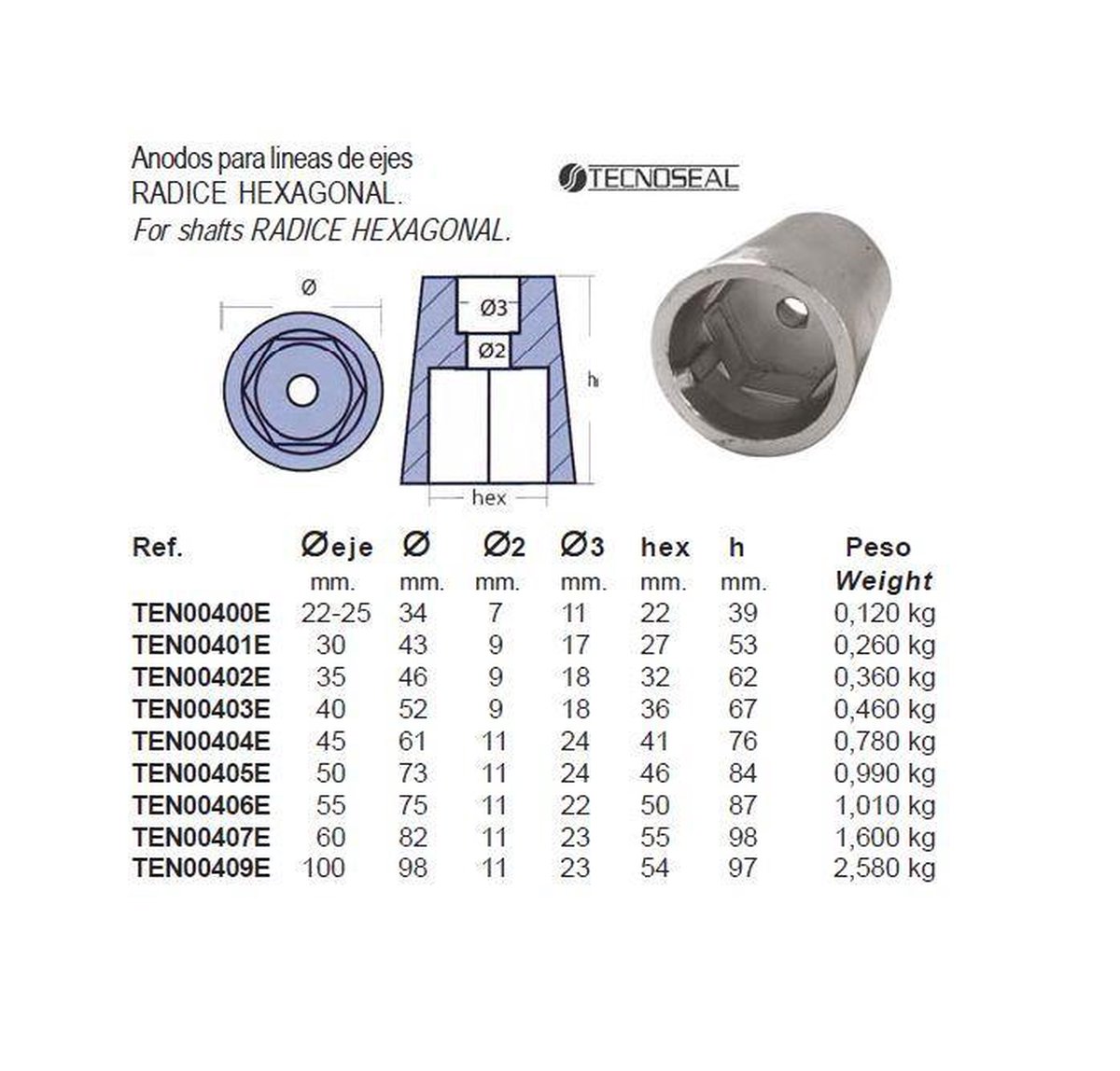 Tecnoseal Zeshoekige Anode Van Wortelas Zilver 60 mm