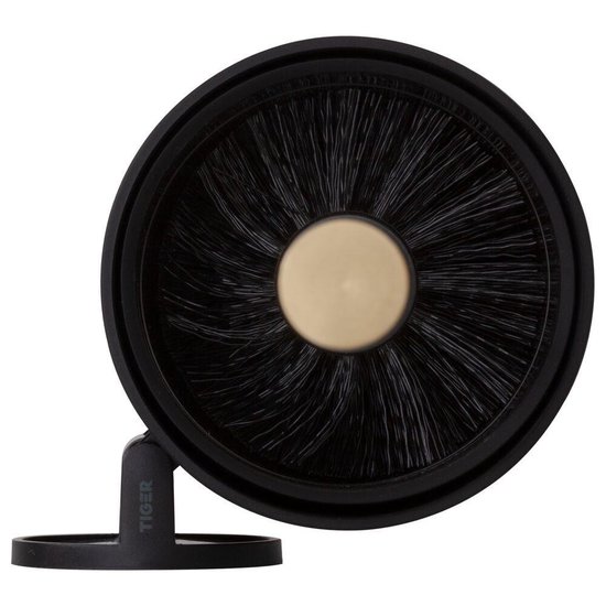 Porte-brosse à toilette noir avec logo TIGER doré, brosses noires et centre beige.
