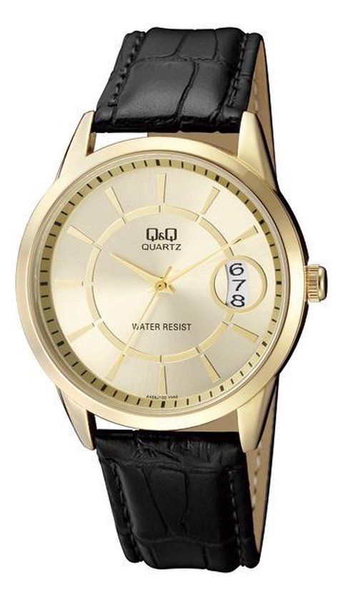 Prachtige heren horloge -goudkleurig/zwart met datum van het merk Q&Q-A456J100Y