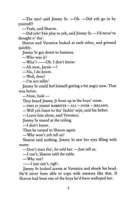 Tekstpagina uit een boek met dialogen, beginnend met 'The test? said Jimmy Sr.'