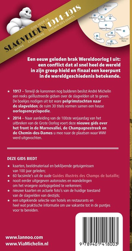 Achterkant boek 'Gids voor de Slagvelden 1914-1918' met kaart van de Marne, Champagne en Chemin-des-Dames, en tekst over de gids.