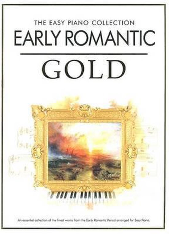 Het boek "The Easy Piano Collection Early Romantic Gold" toont een schilderij met een zonsondergang in een gouden lijst, met pianotoetsen eronder.