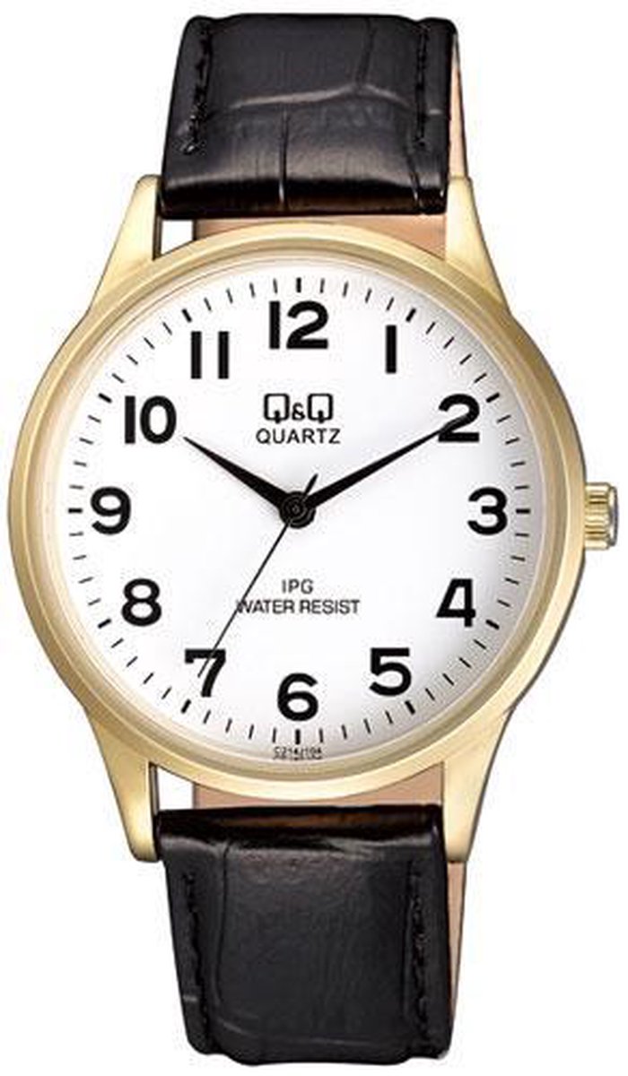 QQ C214J104Y - Horloge - Analoog - Heren - Mannen - Leren band - Rond - Staal - Cijfers - Zwart - Goudkleurig - Wit