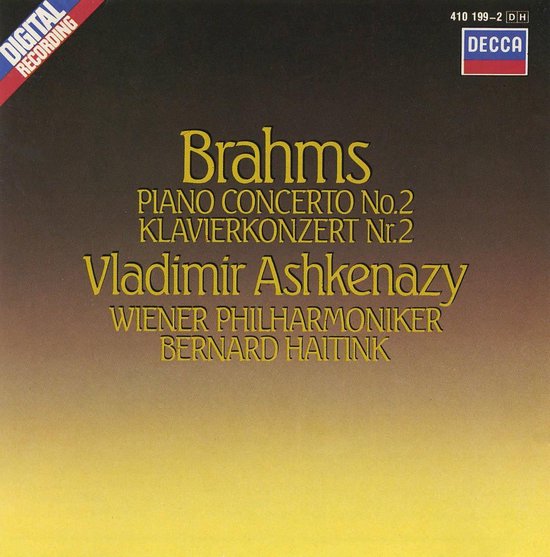 Albumhoes met de titel 'Brahms Piano Concerto No.2 Klavierkonzert Nr.2 Vladimir Ashkenazy Wiener Philharmoniker Bernard Haitink' op een goudkleurige achtergrond.