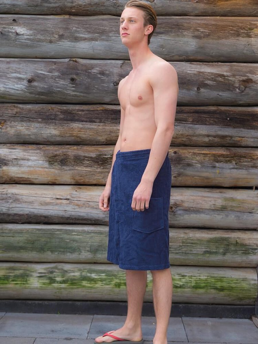 Sauna handdoek heren donkerblauw - omslagdoek met klittenband