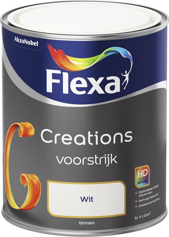 Blik Flexa Creations voorstrijk wit 1L met oranje krul-detail en gekleurde logo-strip.