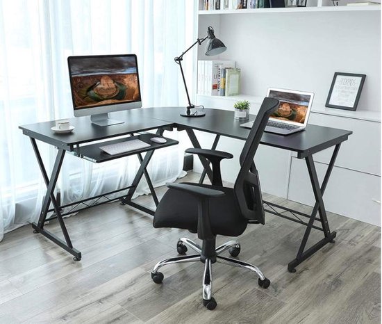 MIRA - Groot L-vormig bureau met metalen frame | 150x138x75cm | Apple | Macbook | Laptop | Zwart - MAZAZU
