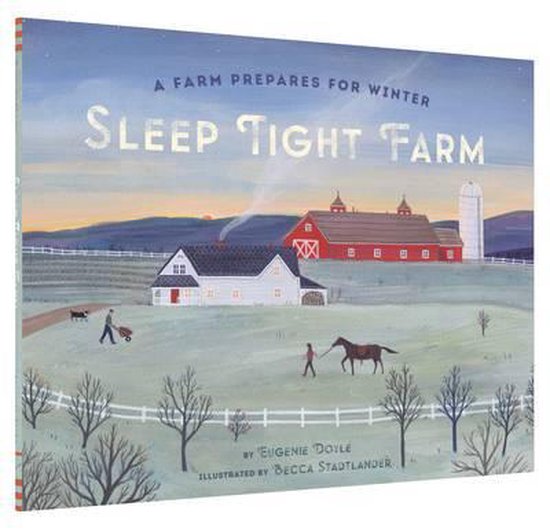 Boek 'Sleep Tight Farm' toont een boerderij die zich klaarmaakt voor de winter, met rode en witte gebouwen en een paard.